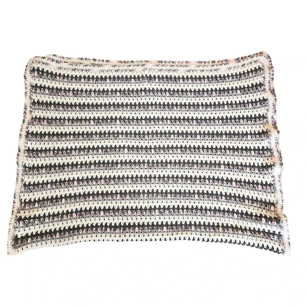 Hand Crocheted Throw in Double Stitch Pattern- Pink, Grey, and White